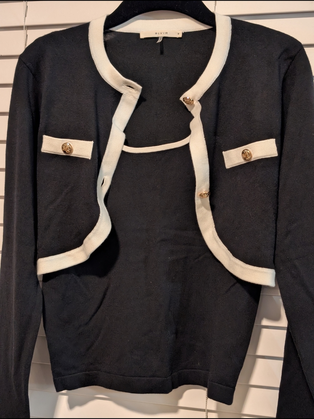RIVER Brand Black Cropped Cardigan with Cream Trim and Gold Buttons - Picture 2 of 5